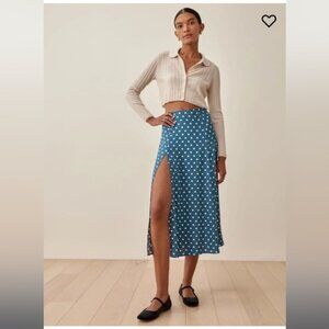 Reformation Blue Polka Dot Midi Skirt Size Small